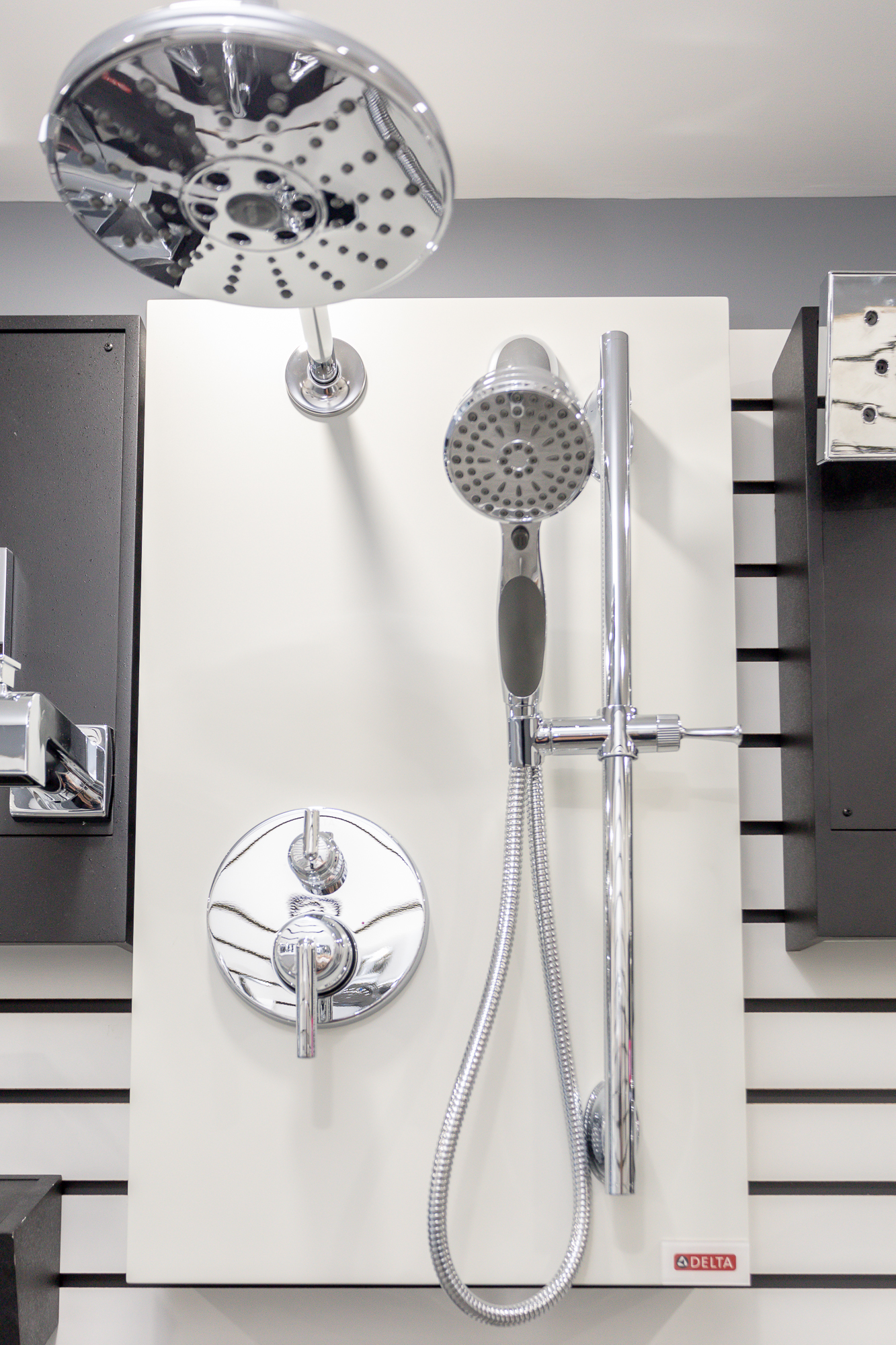 Elgin County Plumbing's Showroom close up image of Delta Shower Heads in St. Thomas Ontario.