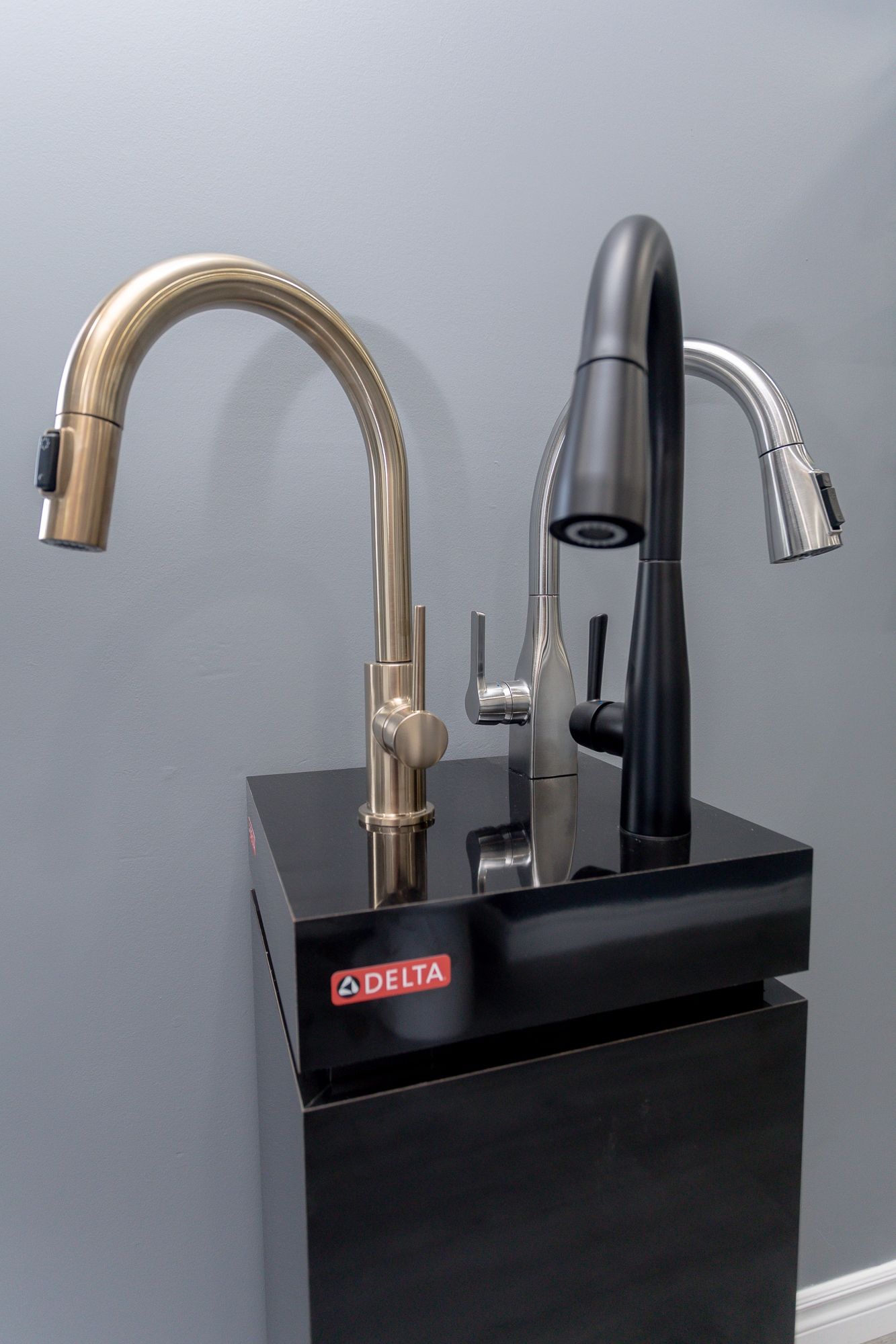 Elgin County Plumbing's Showroom close up image of Delta kitchen sink faucets in St. Thomas Ontario.