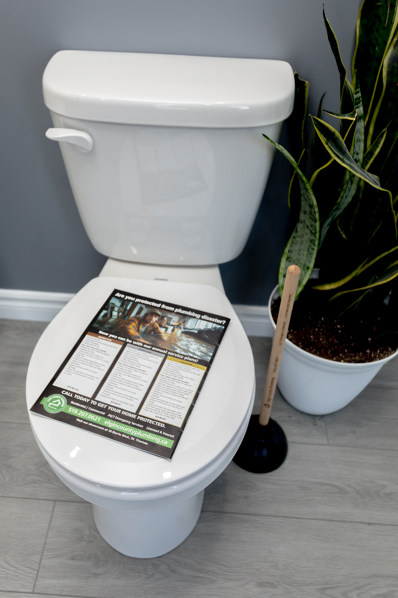Elgin County Plumbing's Showroom close up image of a featured toilet with their plumbing maintenance plan details in St. Thomas Ontario.